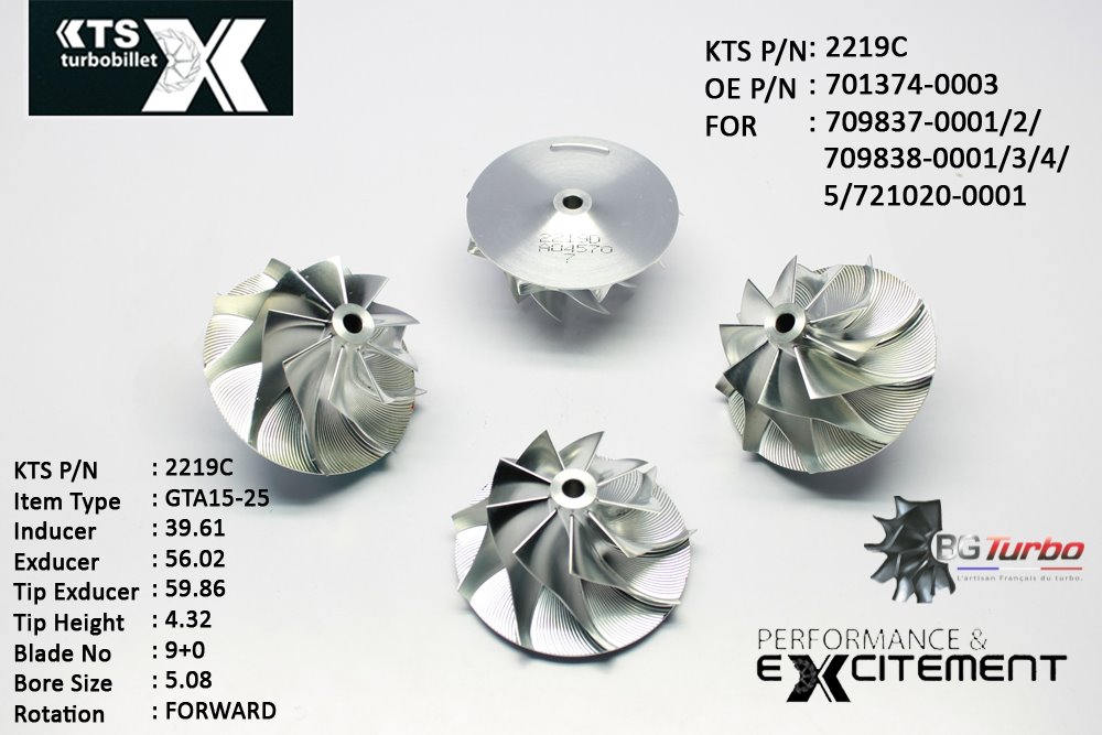 Turbo ROUE FORGÉE MFS PERFORMANCE - 9+0 PALES - INDUCER : 39,61 - EXDUCER : 56,02 - TYPE : GTA15-25ANGLE : 60° - ROTATION : Forward - SUPER BACK : 2,39 - BORE SIZE : 5,08
